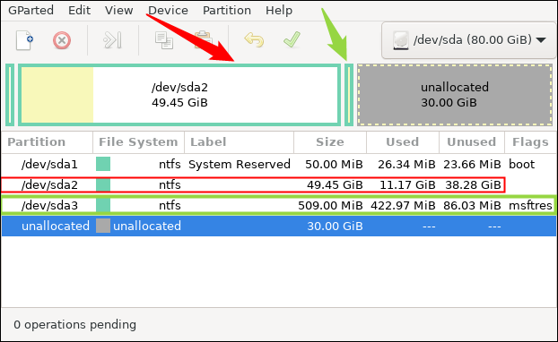 GParted vă va arăta cum este partiționată unitatea virtuală.