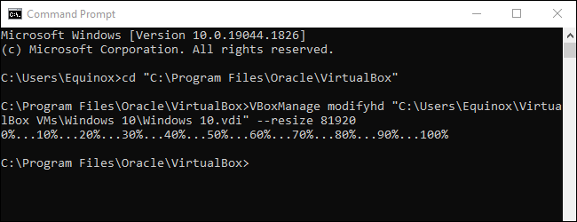 Comando del símbolo del sistema para cambiar el tamaño de la unidad virtual.