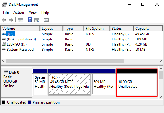 Utilitarul Disk Management vă va arăta noul spațiu disponibil pe unitatea virtuală.