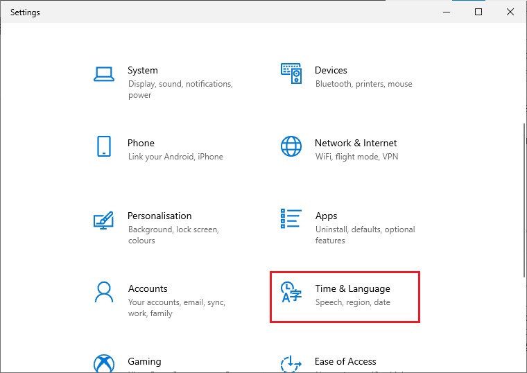 haga clic en Configuración de hora e idioma