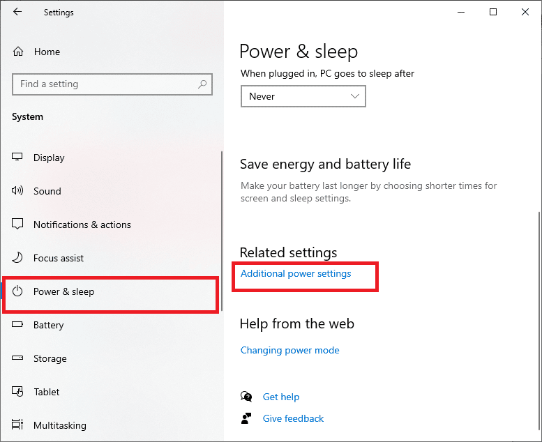 Wählen Sie die Option Power and sleep und klicken Sie unter Related settings auf Additional power settings.