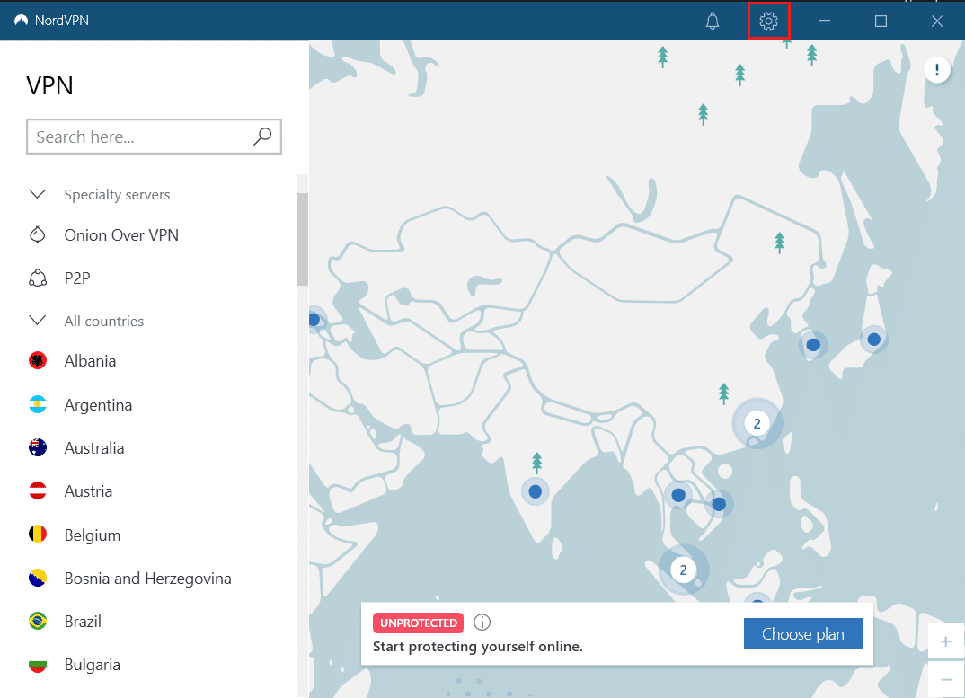 Nord vpn clique no ícone de configurações