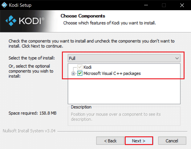 选择安装类型，然后在 kodi 安装程序窗口中单击下一步