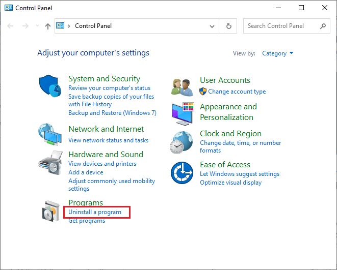 cliquez sur Désinstaller un programme dans le menu Programmes