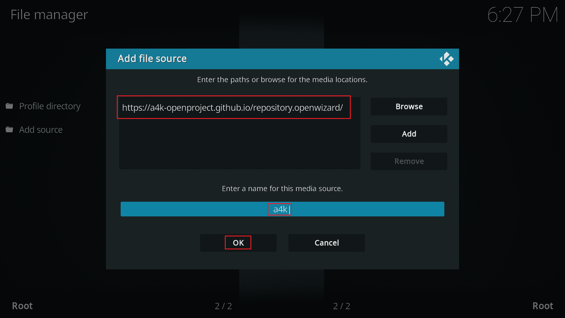 tambahkan sumber file untuk repositori openwizard. Perbaiki Kodi Tidak Akan Terbuka di Windows 10