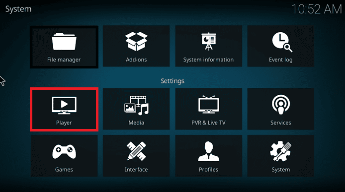 seleccione la opción Jugador. Reparar Kodi no se abre en Windows 10