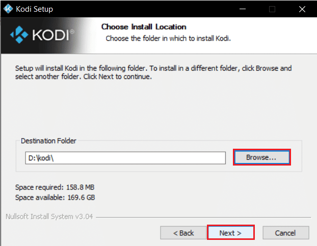 clique em procurar para selecionar a pasta de destino e clique em próximo na janela do instalador kodi. Corrigir o Kodi não abrirá no Windows 10