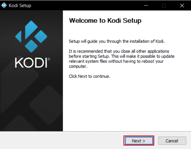 sélectionnez suivant dans la fenêtre d'installation de kodi