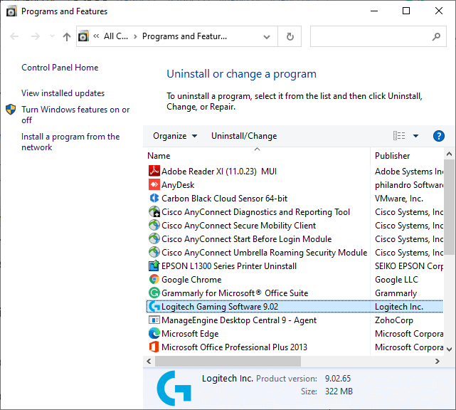 haga clic en el software de juegos Logitech y seleccione la opción Desinstalar