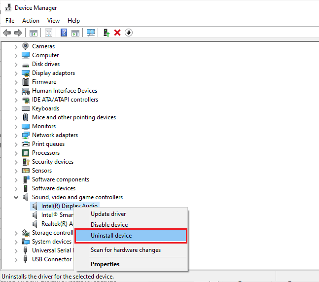 Haga clic derecho en su dispositivo de audio y seleccione Desinstalar dispositivo. Arreglar el micrófono Logitech G533 que no funciona en Windows 10