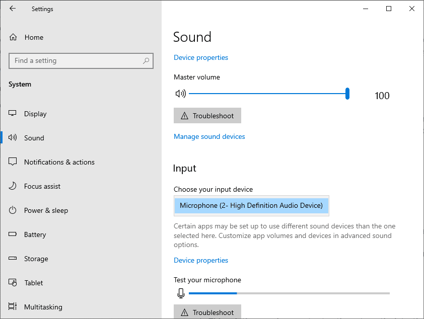 Inicie Configuración de sonido desde el menú de búsqueda y seleccione el dispositivo de entrada correcto