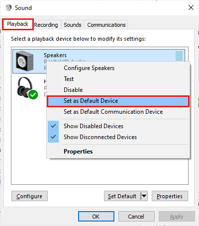 selectați opțiunea Set as Default Device