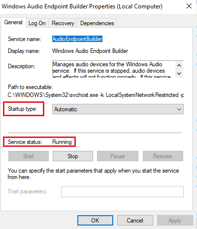 对其他 Windows 服务（如 Windows Audio Endpoint Builder 和 Remote Procedure Call RPC）重复所有这些步骤