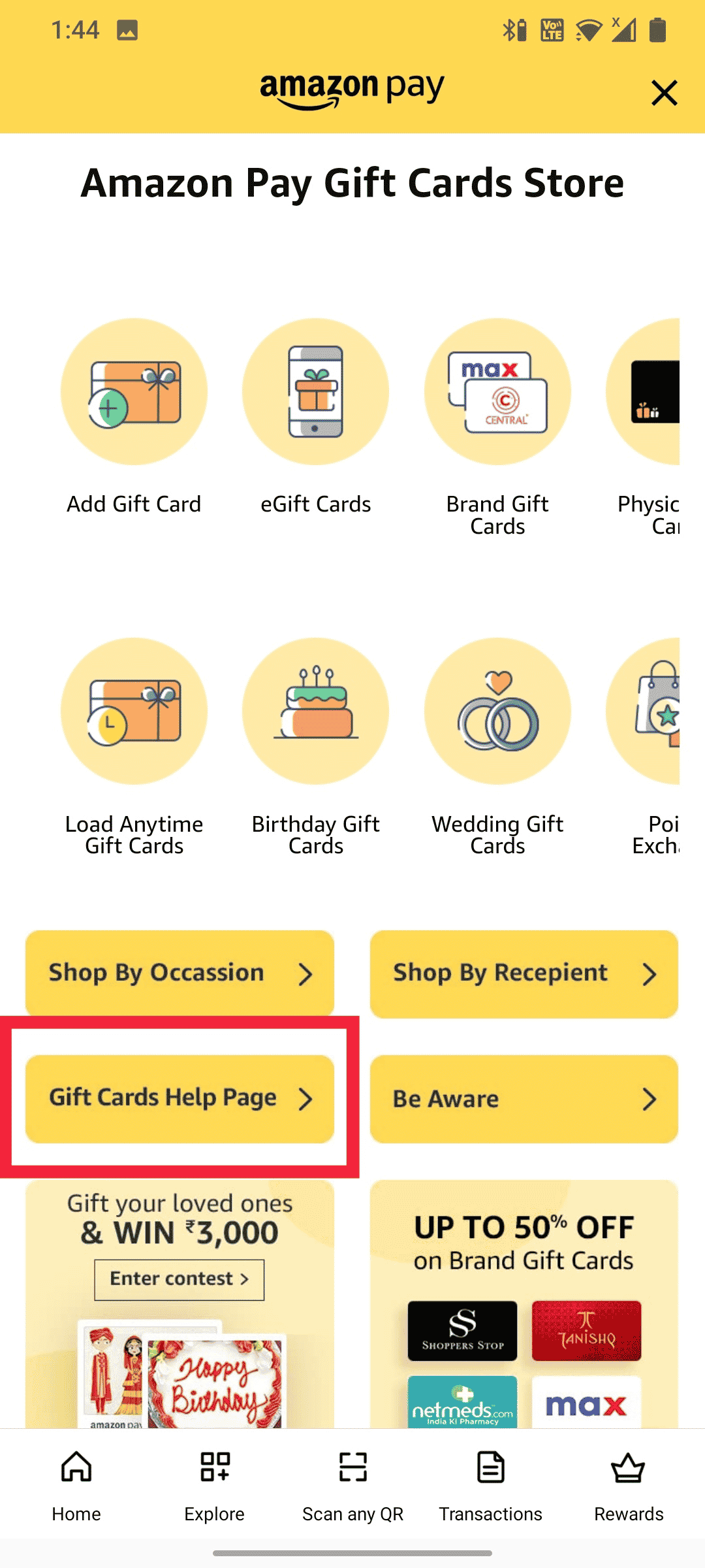 Carte regalo Opzione di aiuto sull'app Amazon | trasferire il saldo della carta regalo sul conto bancario