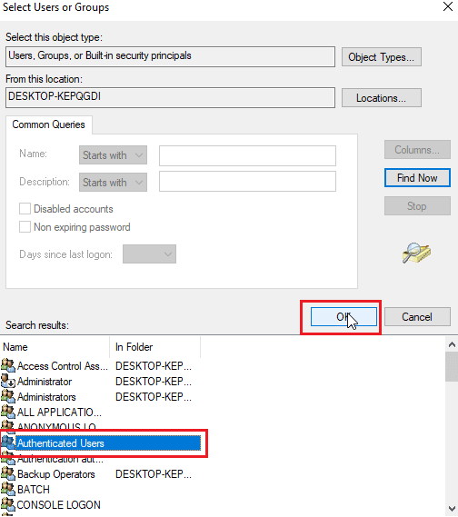 выберите аутентифицированных пользователей и нажмите ОК