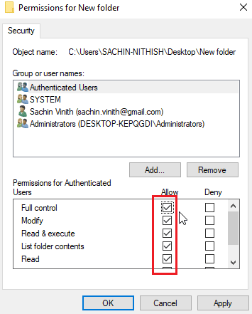 faceți clic pe toate casetele de bifare de sub Permite. Remediere Imposibil de afișat proprietarul actual