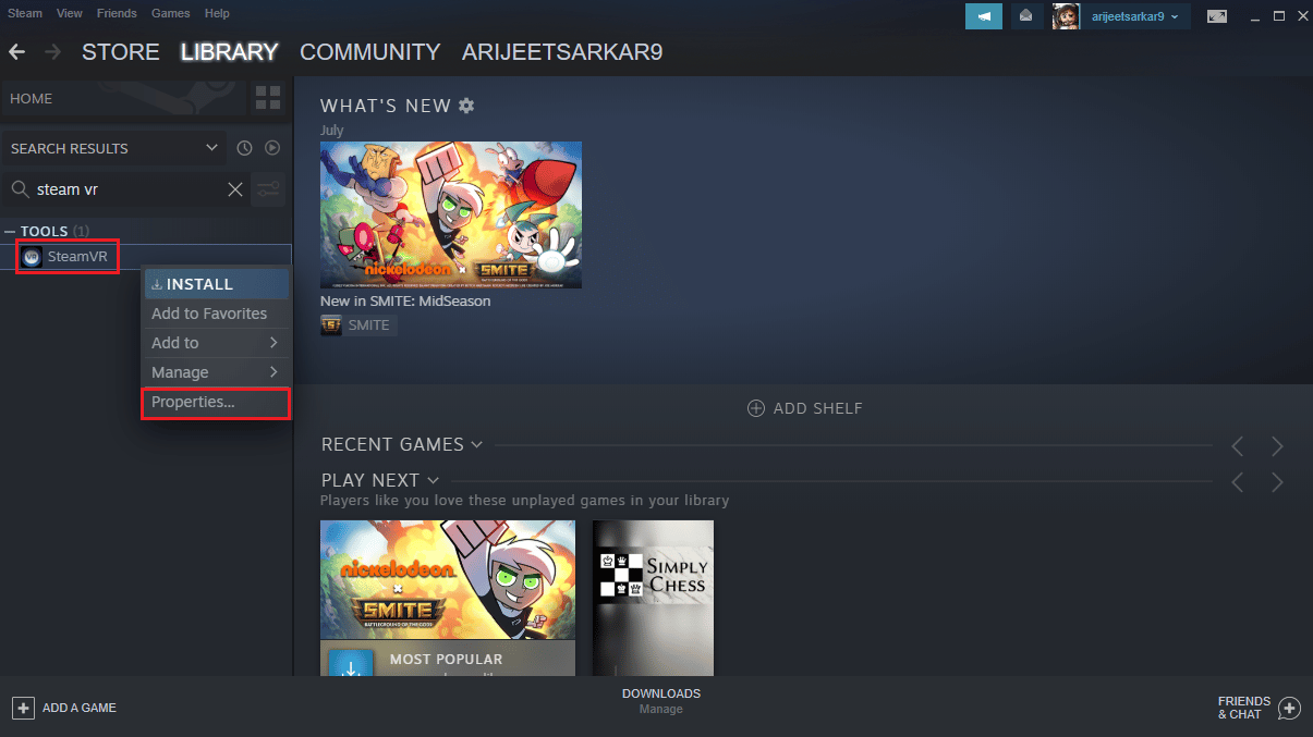 kliknij prawym przyciskiem myszy steam vr i wybierz właściwości