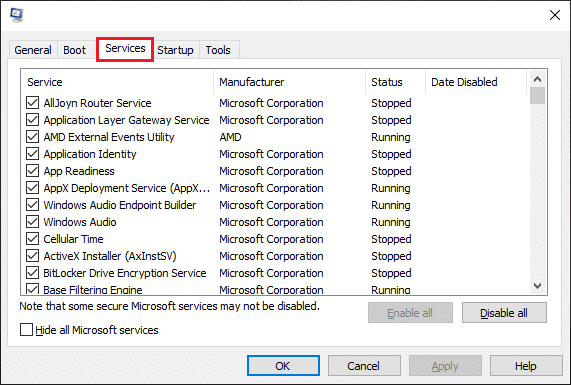 [システム構成] ウィンドウで、[サービス] タブをクリックします。 Windows 10 で Steam VR エラー 306 を修正