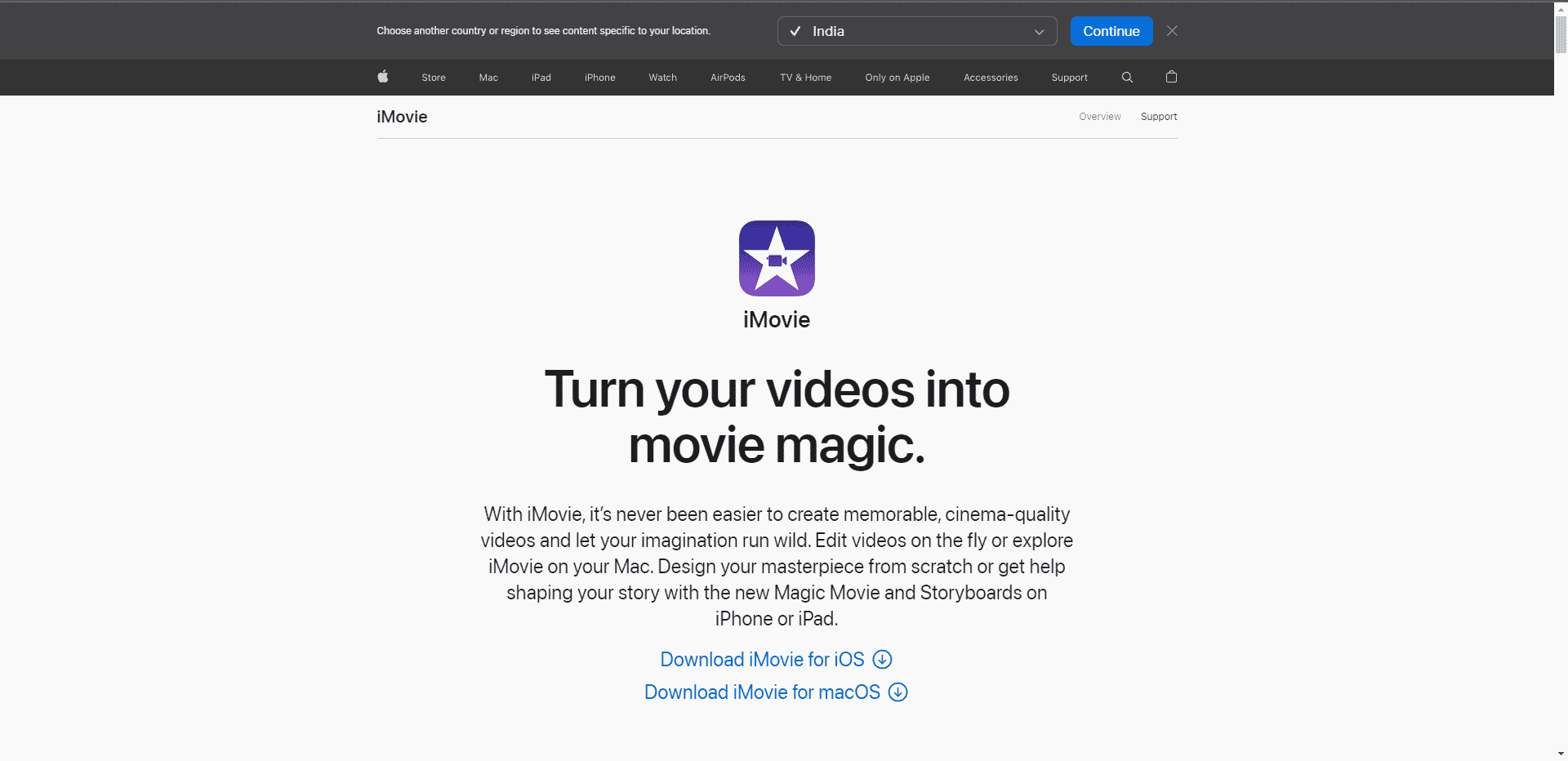 Pagina di download dell'App Store di iMovie. Le migliori app di taglio video gratuite