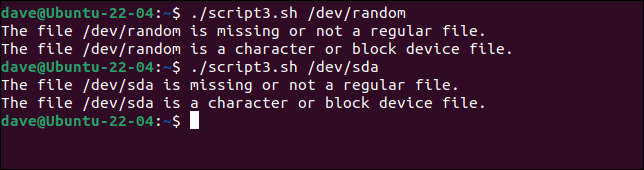 script3.sh maneja correctamente archivos de dispositivos de caracteres y bloques