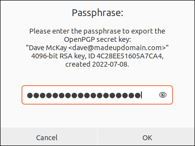 Menyediakan frasa sandi GPG untuk mengekspor kunci pribadi