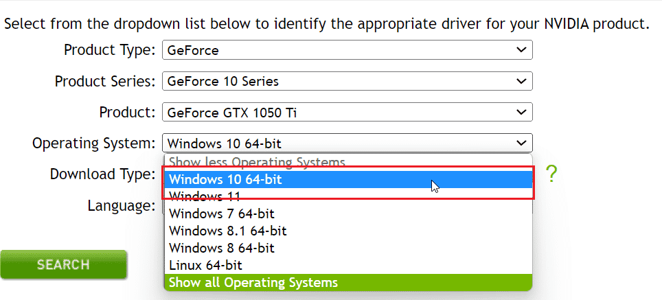 Wählen Sie den Download-Typ aus. Fix Nvidia Installer kann diesen Grafiktreiber nicht fortsetzen, konnte kompatible Grafikhardware nicht finden