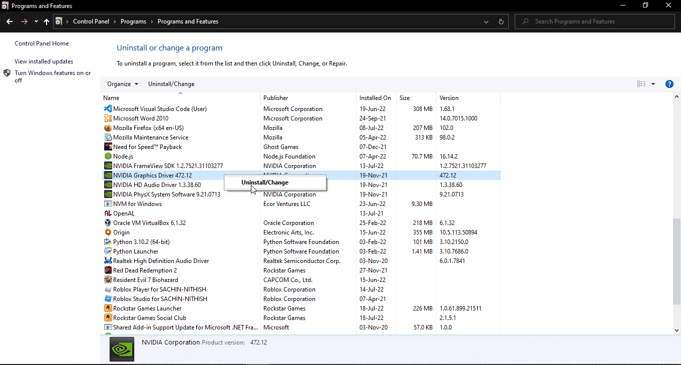 Faceți clic dreapta pe driverul grafic nvidia și faceți clic pe dezinstalare. Remediați programul de instalare Nvidia nu poate continua. Acest driver de grafică nu a putut găsi eroarea hardware de grafică compatibilă