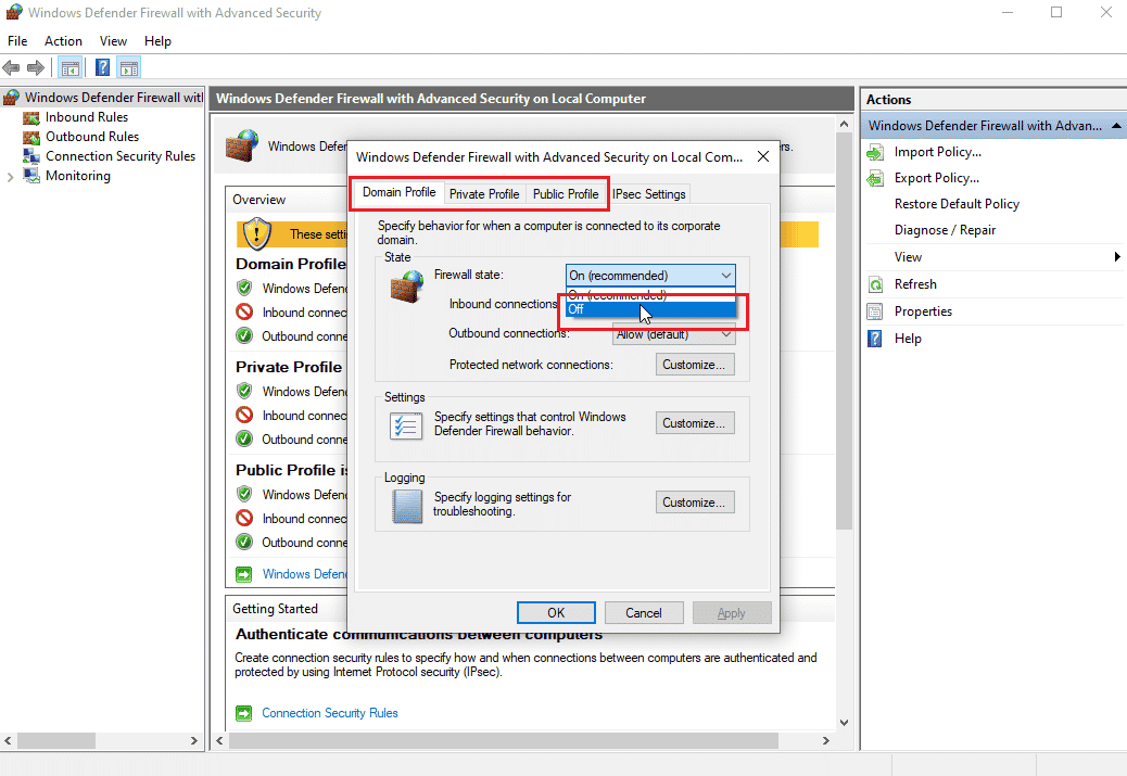 Haga clic en la pestaña Perfil de dominio Perfil privado y público y elija el estado del firewall para desactivarlo