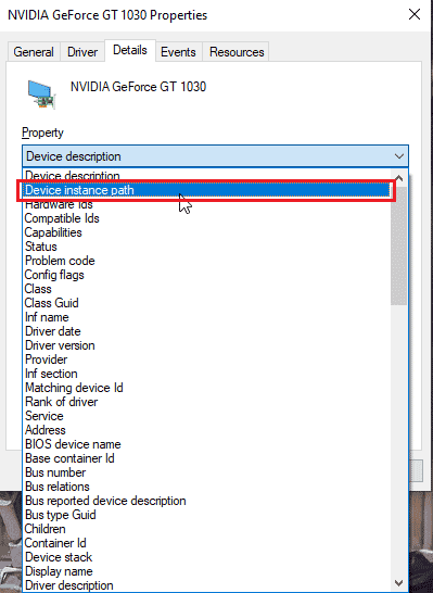 Alegeți calea instanței dispozitivului din caseta drop-down de proprietate. Remedierea programului de instalare Nvidia nu poate continua. Acest driver grafic nu a putut găsi hardware-ul grafic compatibil