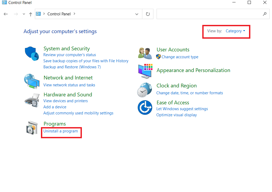 klik Uninstall a program di bawah program. Perbaiki Kesalahan Menerapkan Transformasi di Windows 10