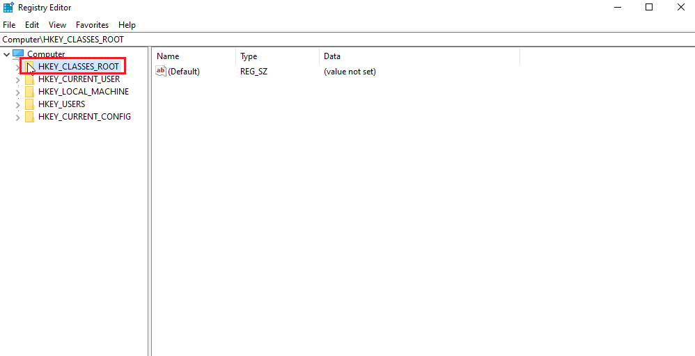 kliknij dwukrotnie na HKEY CLASSES ROOT. Napraw błąd stosowania transformacji w systemie Windows 10