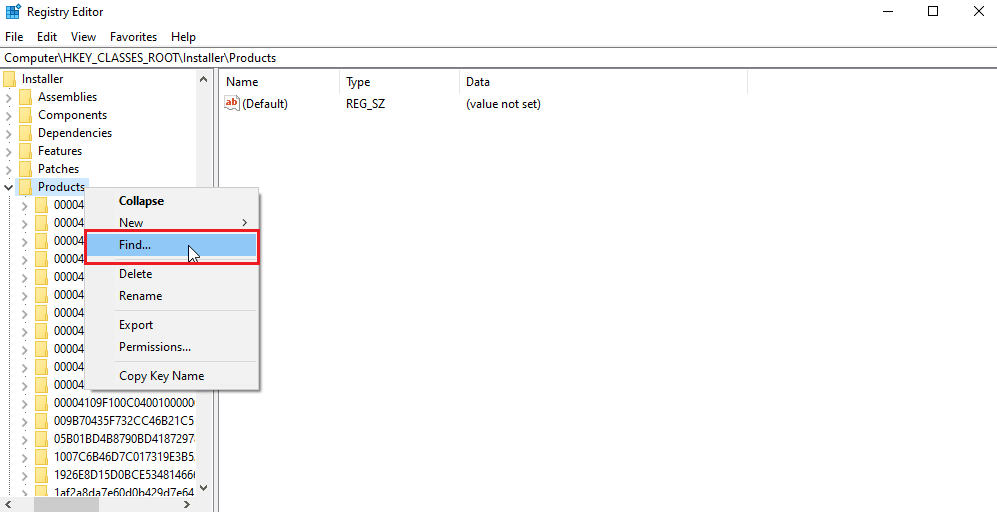 kliknij prawym przyciskiem myszy produkty i kliknij Znajdź