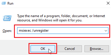 digite msiexec unregister para cancelar o registro do instalador do Windows e clique em ok