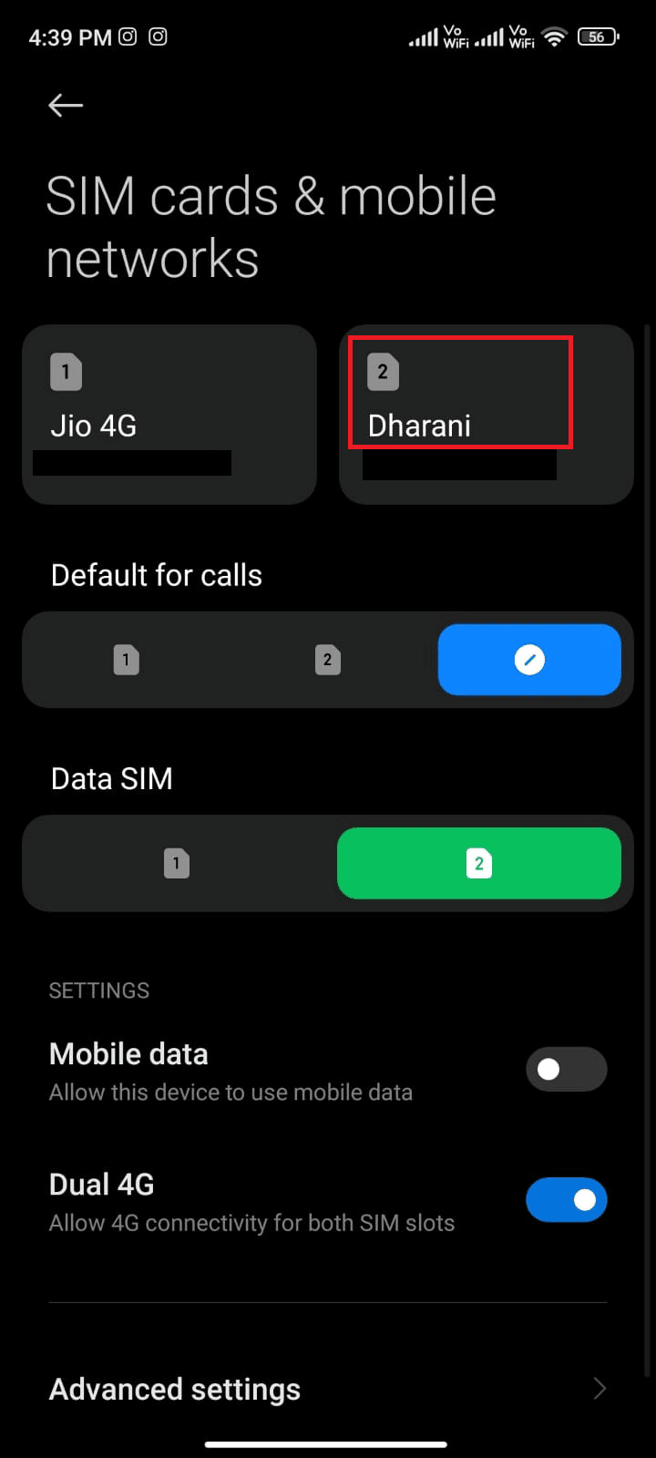 seleziona la SIM tramite la quale stai utilizzando i dati mobili