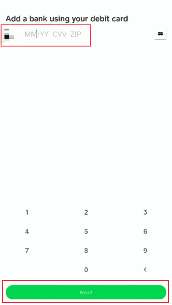 Geben Sie die neue Debitkartennummer, das Ablaufdatum, CVV und die Postleitzahl ein – tippen Sie auf Weiter | So entfernen Sie das Bankkonto aus der Cash App