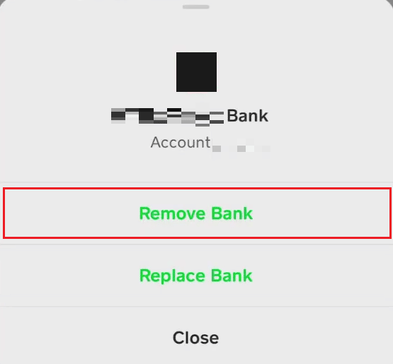 أخيرًا ، انقر فوق Remove Bank | تغيير المعلومات المصرفية على تطبيق Cash