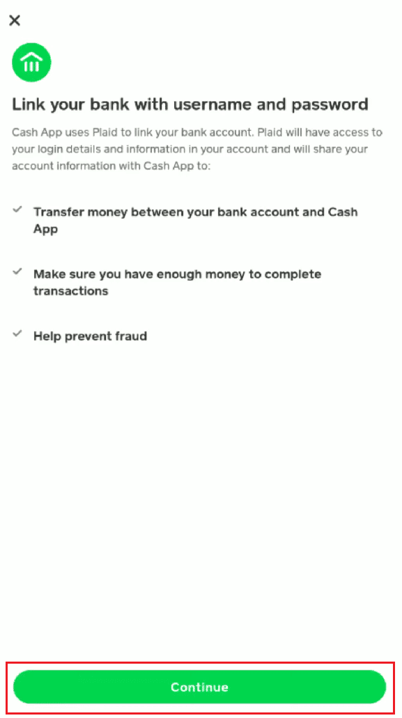 dotknij Kontynuuj, aby połączyć swoje nowe konto bankowe z nazwą użytkownika i hasłem