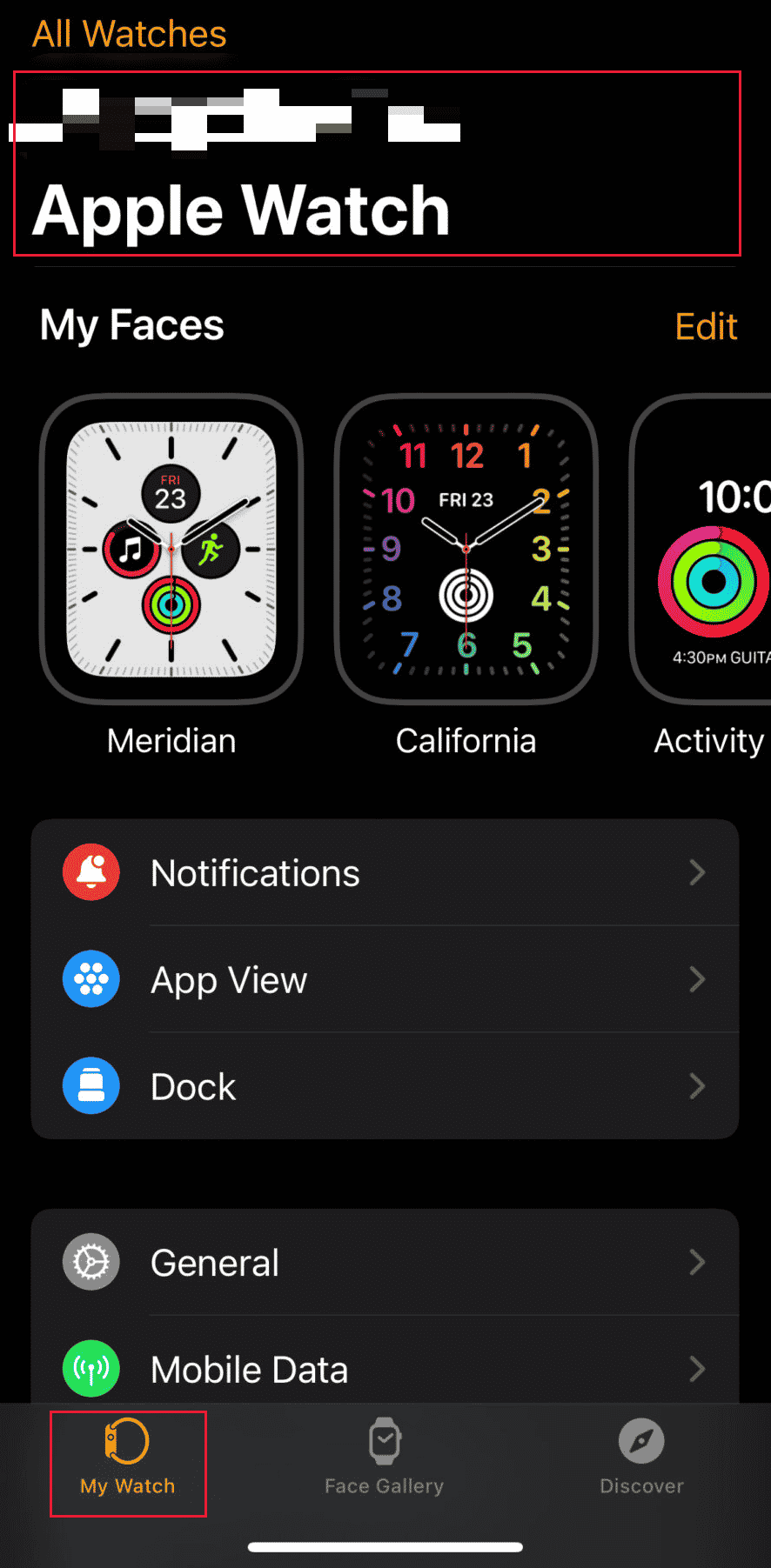 علامة التبويب My Watch - اضغط على Apple Watch