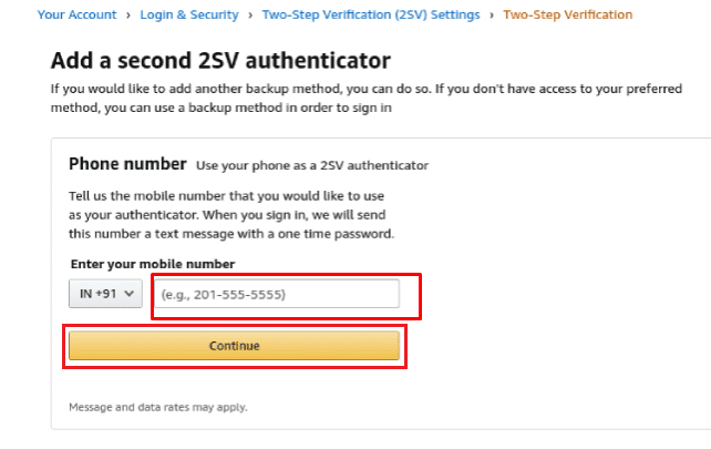 Inserisci il nuovo numero a cui vuoi modificare la verifica in 2 passaggi e clicca su Continua | Come puoi recuperare il tuo account Amazon