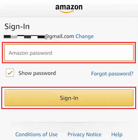 inserisci la password Amazon e tocca Accedi | Come puoi recuperare il tuo account Amazon