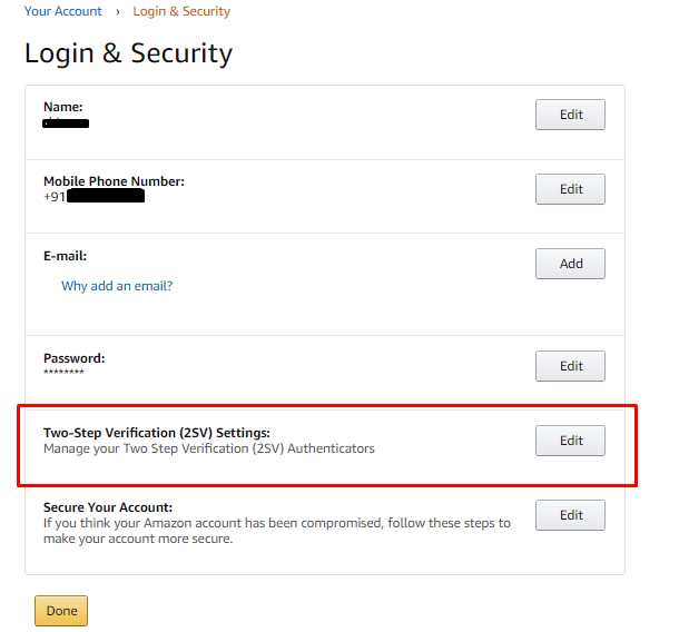 Suchen Sie nun die Option Two-Step Verification (2SV) Settings im Menü Login & Security und klicken Sie auf die Schaltfläche Edit. | Wie können Sie Ihr Amazon-Konto wiederherstellen