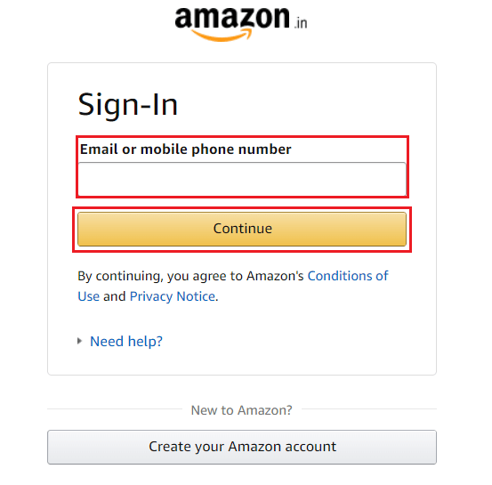 Entrez votre adresse e-mail ou votre numéro de téléphone portable enregistré sur Amazon et cliquez sur Continuer