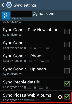 Geser ke bawah dan ketuk Sinkronkan album Web Picasa untuk menghapus centang pada kotak