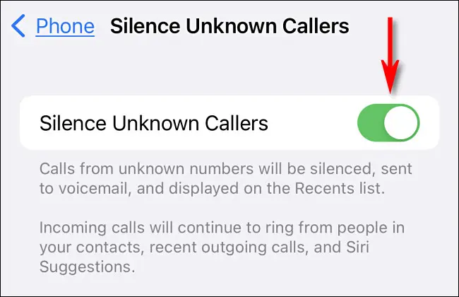 [不明な発信​​者をサイレントにする] の横にあるスイッチを [オン] に切り替えます。
