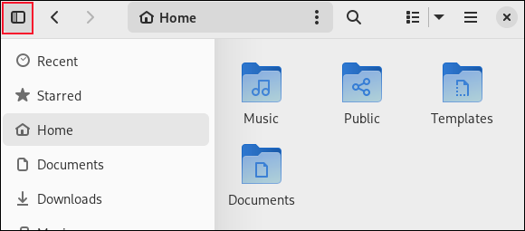 GNOME 43 File browser dengan sidebar dipanggil kembali dengan menggunakan tombol "Show Sidebar"