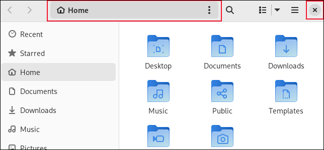GNOME 43 Browser di file con il pulsante di chiusura e la barra degli indirizzi evidenziati