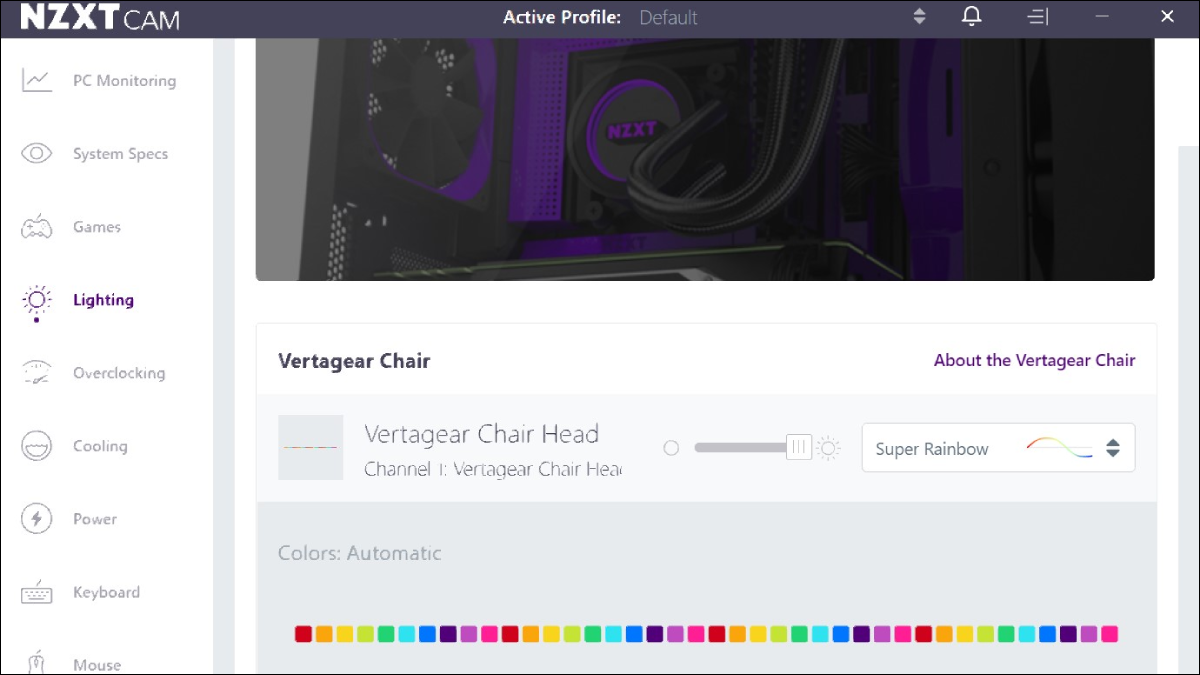 Vertagear SL5000-Stuhl in NZXT CAM-Software