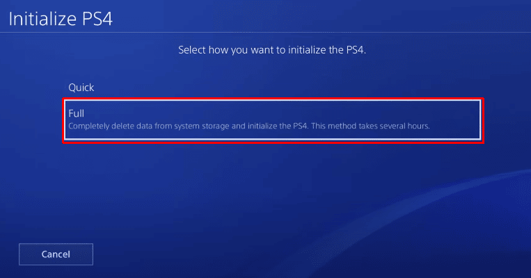 Então você deve selecionar como deseja inicializar seu PS4, para realizar uma redefinição de fábrica, você deve selecionar a opção Completo