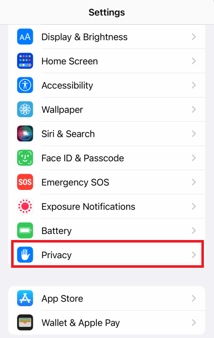 Option de confidentialité Paramètres iPhone