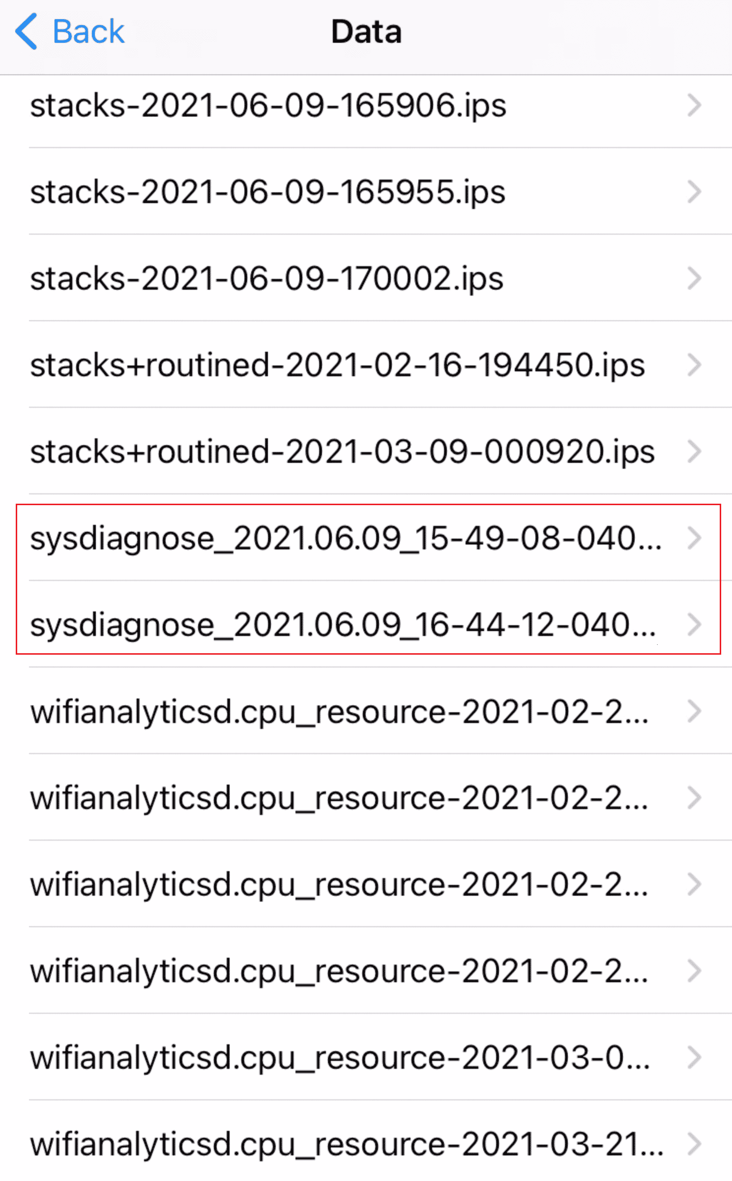 Balayez vers le bas pour localiser et appuyez sur le fichier journal sysdiagnose